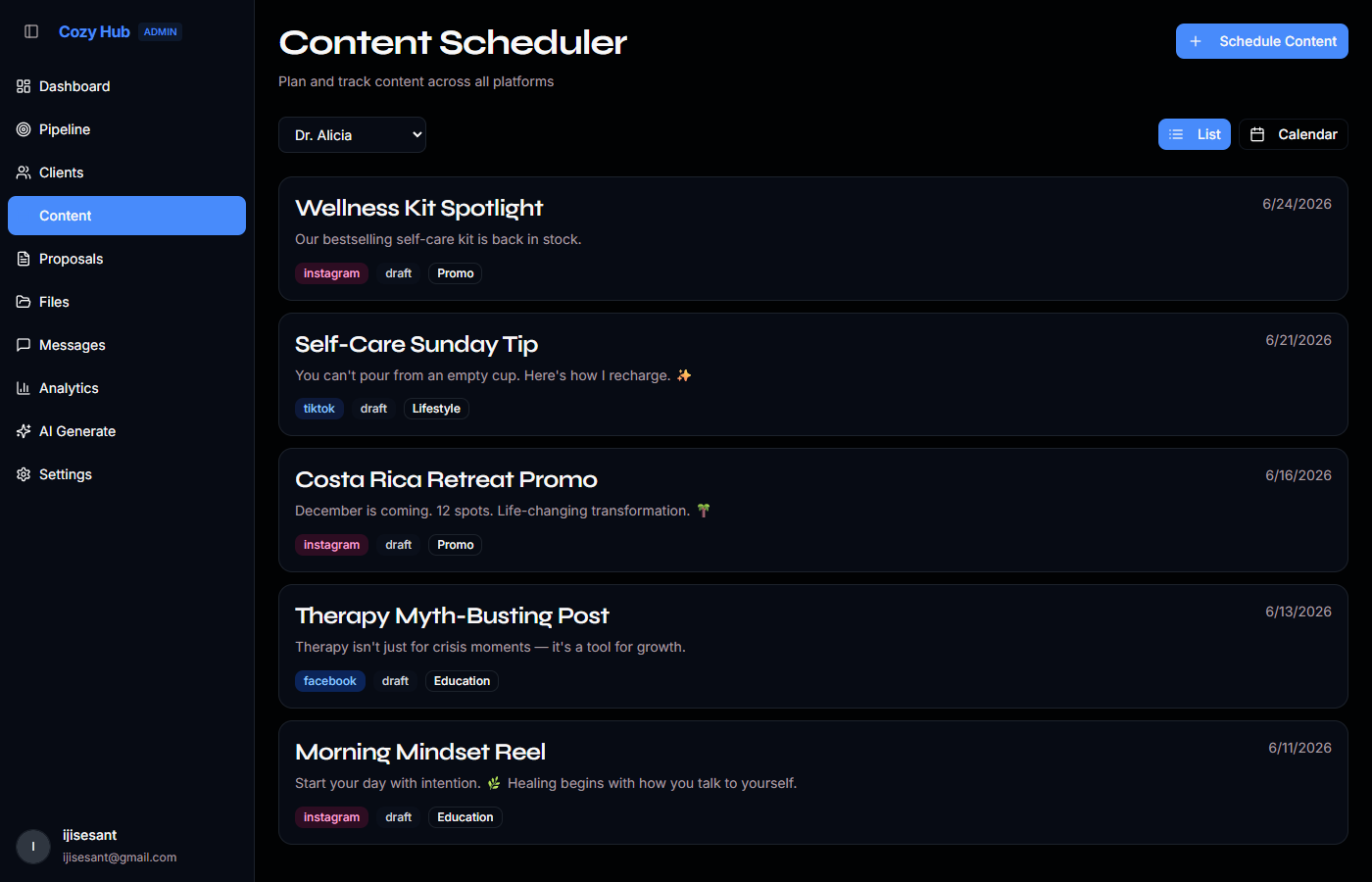 Content planning dashboard built for Dr. Alicia