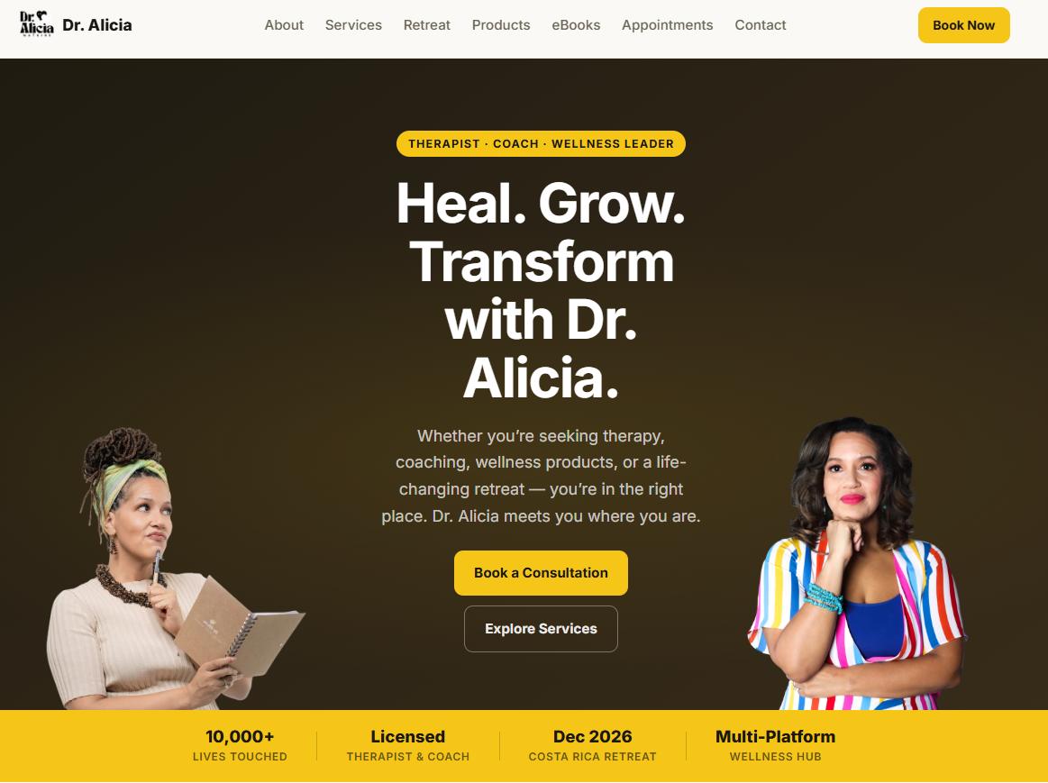 Homepage of the Dr. Alicia Watkins website built by Cozy Digital, introducing her therapy, coaching, and wellness brand