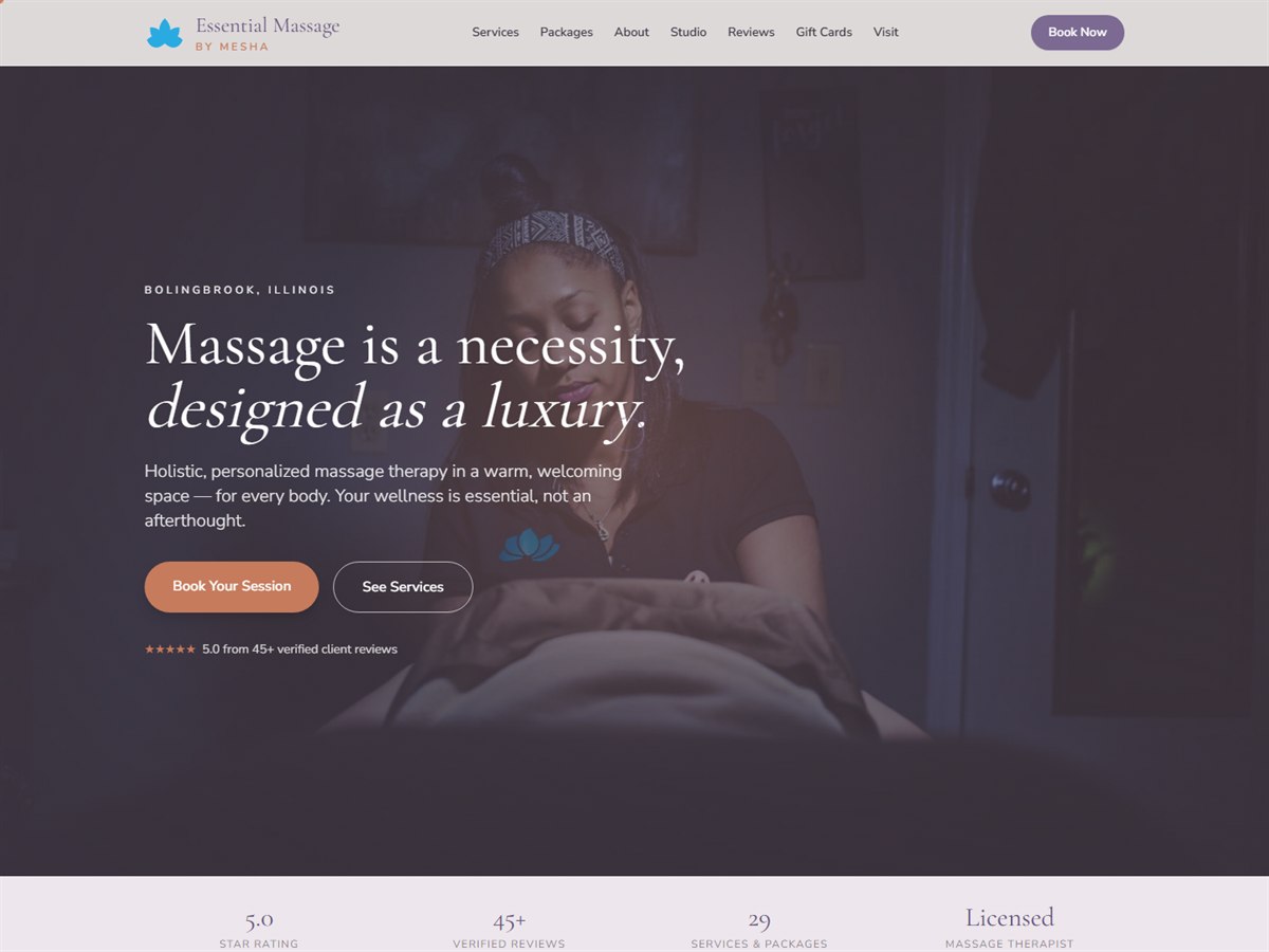Essential Massage by Mesha website built by Cozy Digital